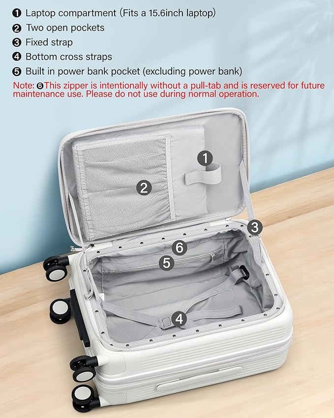 Hanke 20 Inch Expandable Carry On Luggage Airline Approved Top Opening Travel Luggage Rolling Suitcase with Cup Holder Hard Shell Suitcases with Wheels (Smoke White)