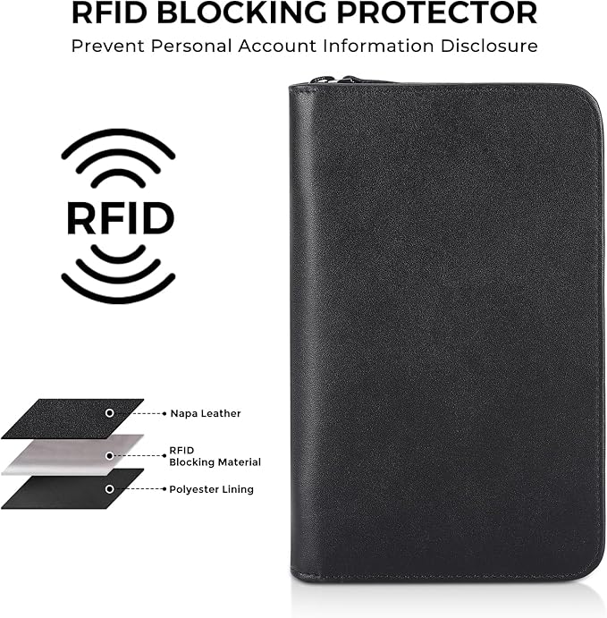 Polare Full Grain Leather Passport Holder Cover Case for Men RFID Blocking Travel Wallet Holds 4 Passports (Black with AirTag Slot)