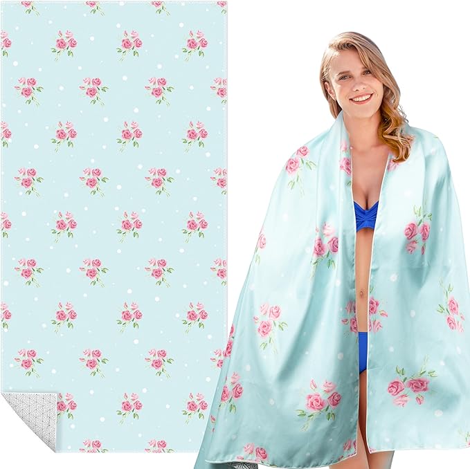 Blue Rose Oversized Beach Towel - Double-Sided Thin Microfiber Lightweight Pool Towel 71"x 35", Quick Dry Sand Free Blanket for Summer Beach Swimming Bath Sport Travel Camping for Women Girls