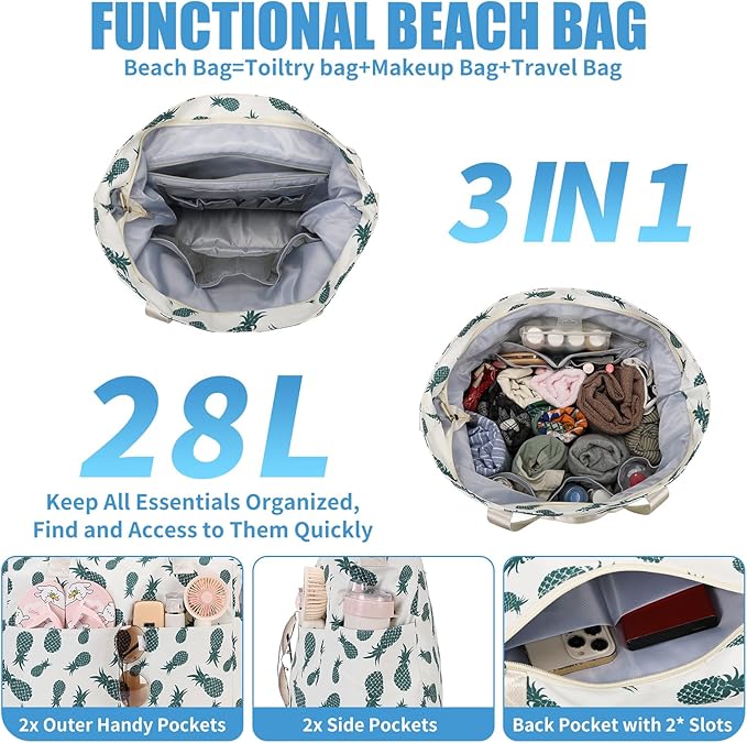 Beach Bags for Women, Large Waterproof Sandproof Swim Pool Bag with Dry Wet Seperated Pocket Utility Tote Bag