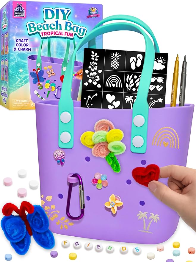 PURPLE LADYBUG Decorate Your Own Beach Tote Bag Tropical Fun- Themed Purple Rubber Beach Bag, Fun Girl Crafts for Girls Ages 6-8 Birthday Gift idea, Summer Travel Tote (Medium)