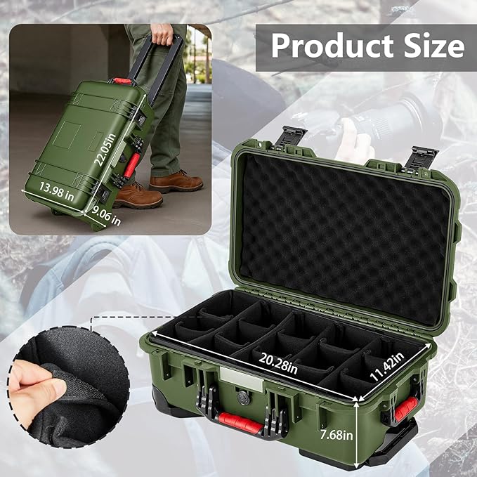 Waterproof Rolling Camera Hard Case 22x14x9 Inch, Impact-resistant Travel Case with Padded Dividers & Wheels for Cameras, Lenses & Accessories(Military Green)