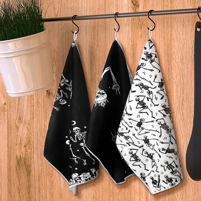 Bencailor 6 Pcs Skull Kitchen Towels Skeleton Dish Hand Towels Funny Skull Rose Tea Washcloth for Bathroom Kitchen Gothic Horror Decor Gifts 24 x 16''