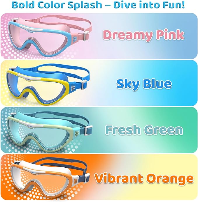 Kids Swim Goggles for Kids 6-14, Anti-Fog & UV400 Lens, Comfortable Silicone Design, Includes Nose Clip & Earplugs