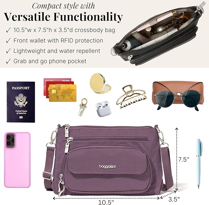 Baggallini Original Everyday 11x7.5 Crossbody Bags Rfid Protected Lightweight Nylon Zippered Travel Purse