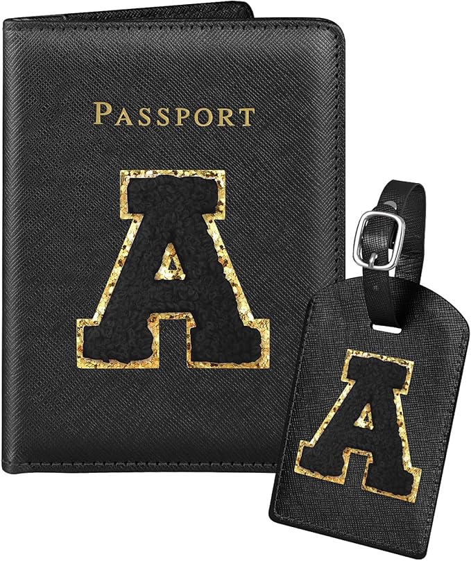 Slohif Passport Holder Initial Lugguage Tag Set Suitcase Cover Wallet Case for Travel Women - Leather Letter Passport Book Personalized Organizer Card Protector Sleeve Essentials Slim Carrier Black A