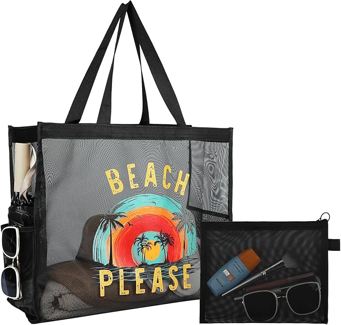 30L Large Beach Bag with Pouch Foldable Sandproof Lightweight Mesh Tote Bag with Two Pockets for Swimming Travel
