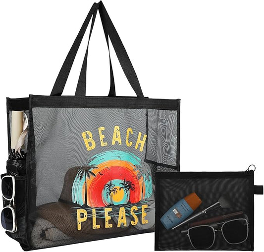 30L Large Beach Bag with Pouch Foldable Sandproof Lightweight Mesh Tote Bag with Two Pockets for Swimming Travel