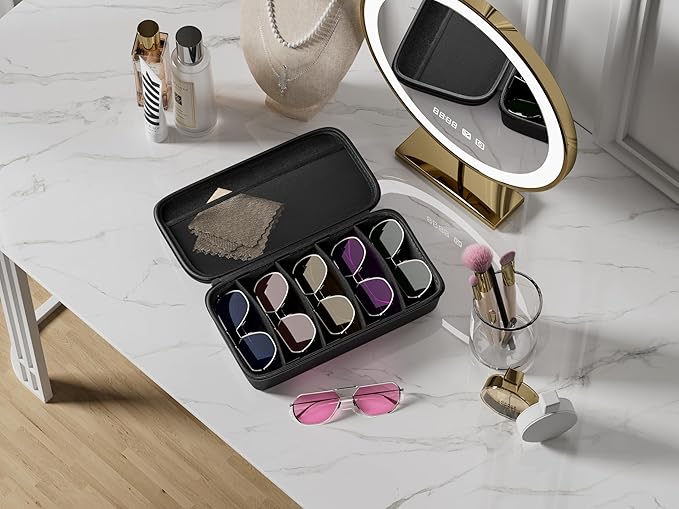 Travel Sunglasses Organizer, Hard Shell Sunglass Case Adjustable Slots for Multiple Sunglass Eyeglass Case