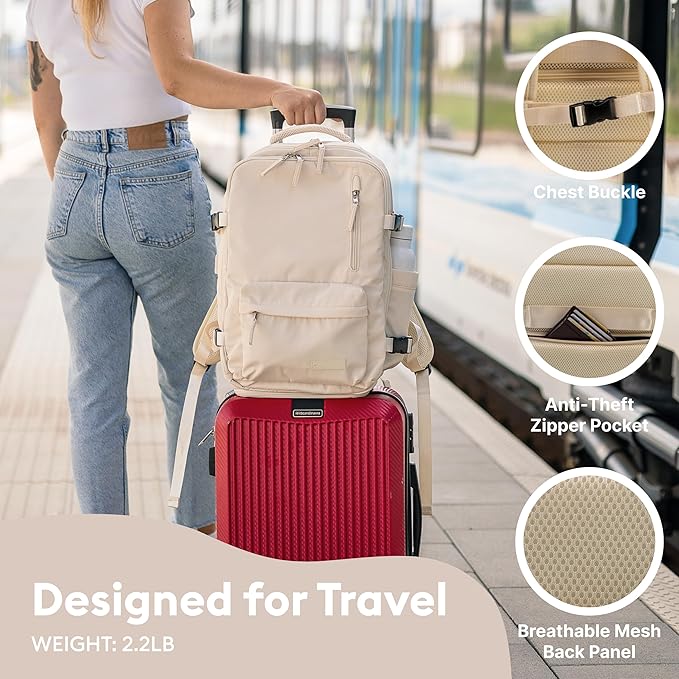 (Not Made In China) Travel Backpack For Men and Women, Airline Approved Carry On Bag w/Shoe Compartment, Holds 15.6" Laptop, USB Charging Port (Amerigo, Beige, 2 Pack)
