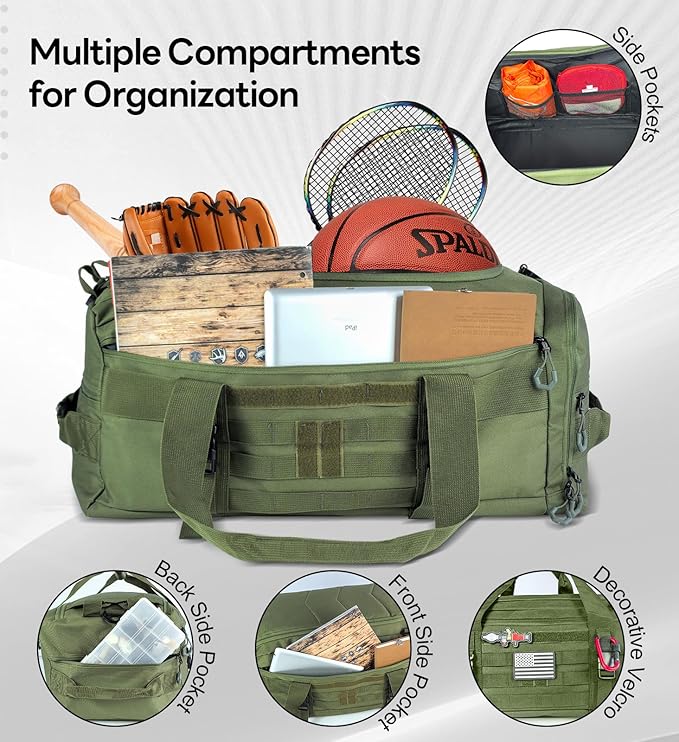 Hannibal Tactical 50L Large Duffle Bag, 3-in-1 Tactical Backpack MOLLE Pack for Sports/Gym/Outdoor, Olive Green