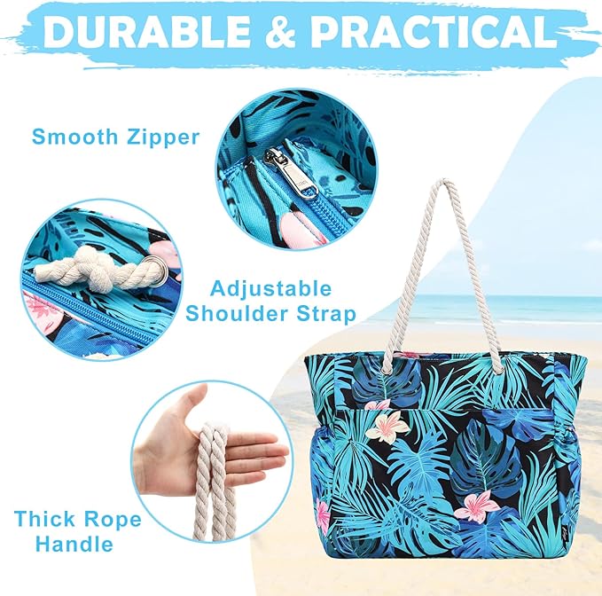 Kasqo Beach Bags for Women, Large Waterproof Beach Bag Tote Zipper Swim Pool Bag with Small Pouch for Grocery Travel Vacation
