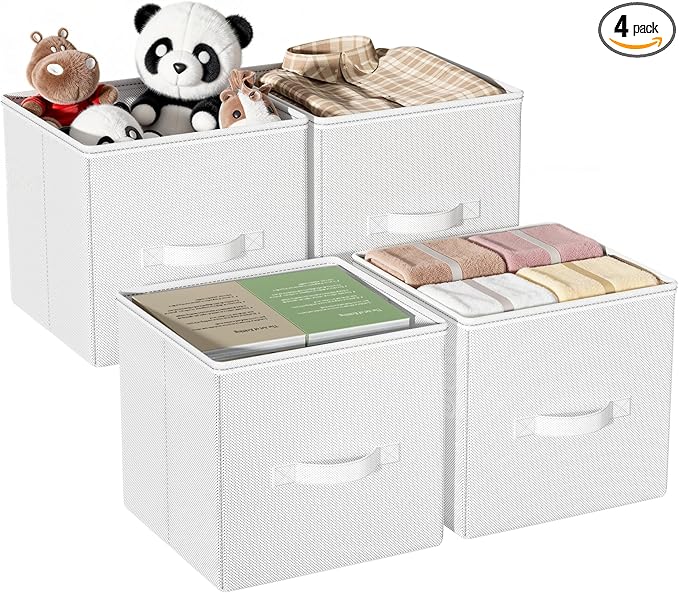 Cube Storage Bins, 11 Inch Fabric Organizers with Handles - Foldable Collapsible Storage Cubes for Shelves, Bedroom, Closet, Cabinet, Bookcase, or Office (White, Pack of 4)