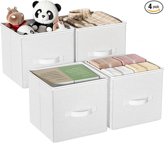Cube Storage Bins, 11 Inch Fabric Organizers with Handles - Foldable Collapsible Storage Cubes for Shelves, Bedroom, Closet, Cabinet, Bookcase, or Office (White, Pack of 4)