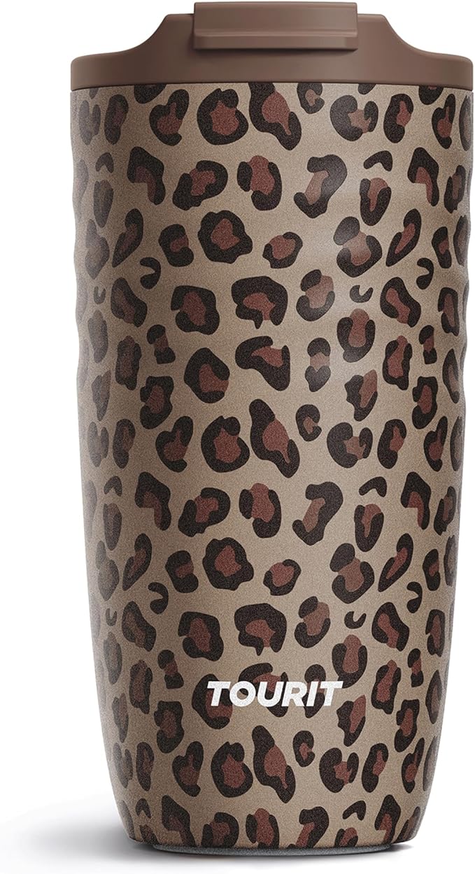 TOURIT 16 oz Travel Coffee Mug, Insulated Stainless Steel Travel Mug with Lid, Leak-Proof Double-Wall Vacuum Tumbler, Reusable Coffee Cup - Brown leopard