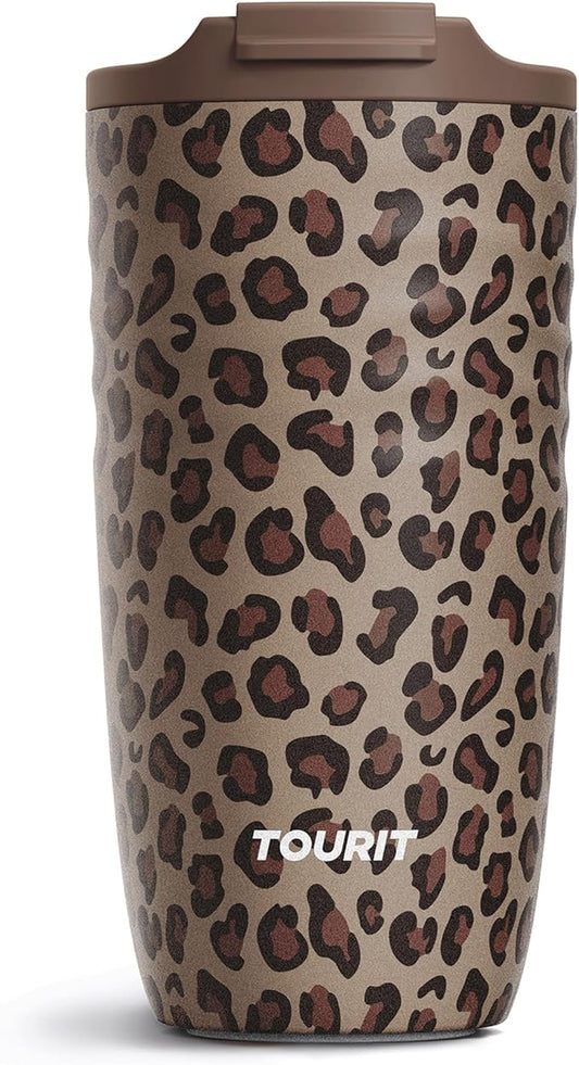 TOURIT 16 oz Travel Coffee Mug, Insulated Stainless Steel Travel Mug with Lid, Leak-Proof Double-Wall Vacuum Tumbler, Reusable Coffee Cup - Brown leopard