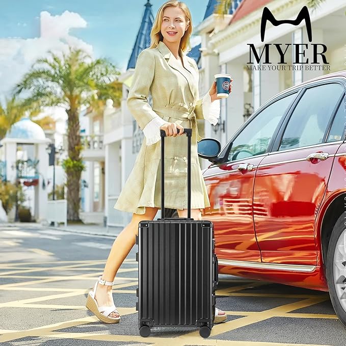 Hard Shell Carry On Luggage 22x14x9 Airline Approved,20 Inch Aluminum Luggage with 100% 3-Layer PC,Carry On Suitcases with Wheels,Cup Holder and USB Port (Classic Black, 20 inch)