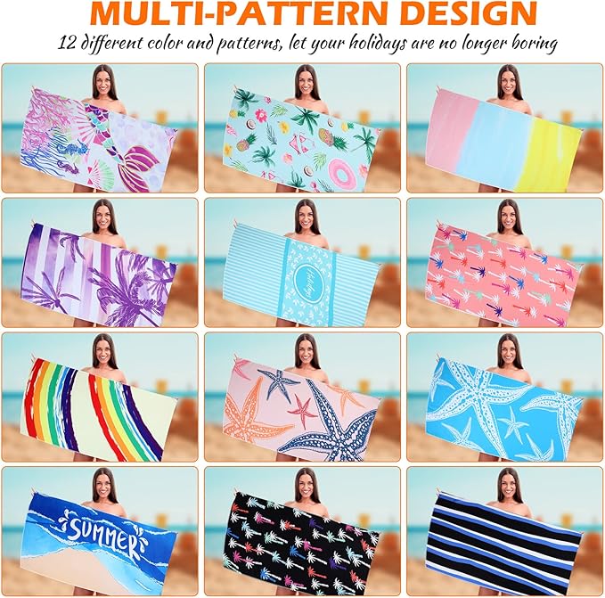 Newwiee 12 Pieces Microfiber Beach Towel Set Quick Dry 59 x 27.5 Inch Lightweight Bulk Colorful Soft Absorbent Pool for Adults Kids Travel Swimming Supplies, Newwiee-Towels-NB54