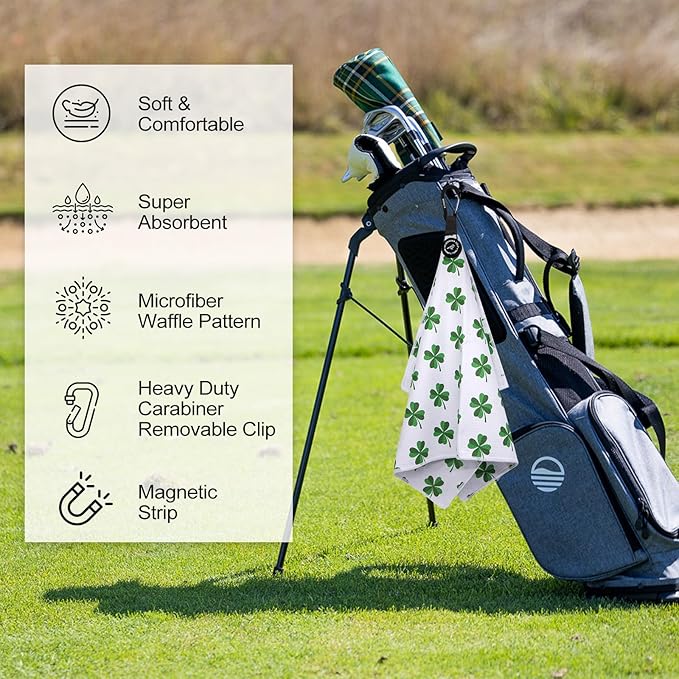 Magnetic Golf Towel, Microfiber Waffle Design with Clip - Industrial Strength Magnet for Strong Hold to Golf Bags, Carts Clubs (Lucky Clover)