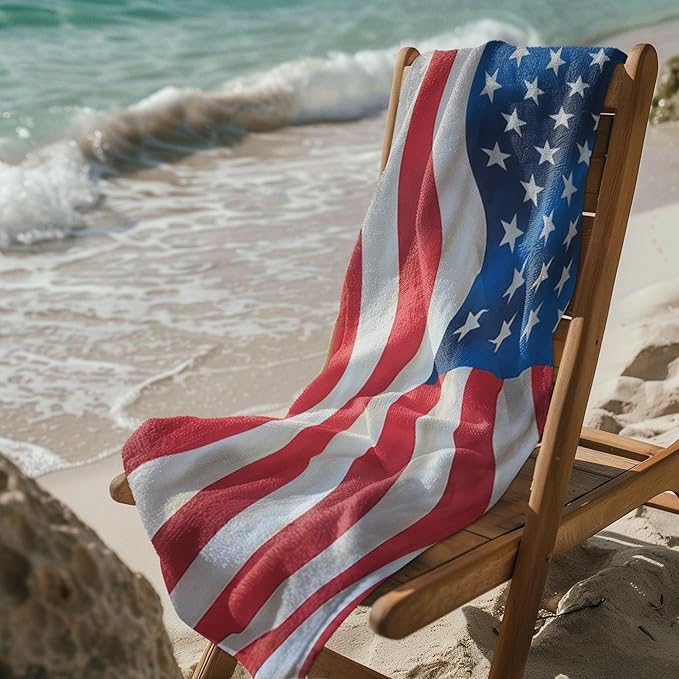 Waving USA Flag Beach Towel 30”x60” – 100% Cotton Velour, Highly Absorbent, Fast Drying, Easy Pack for Spring Break, Vacation, Beach, Pool, Sunbathing – Lightweight, Compact for Travel - Novelty Gift