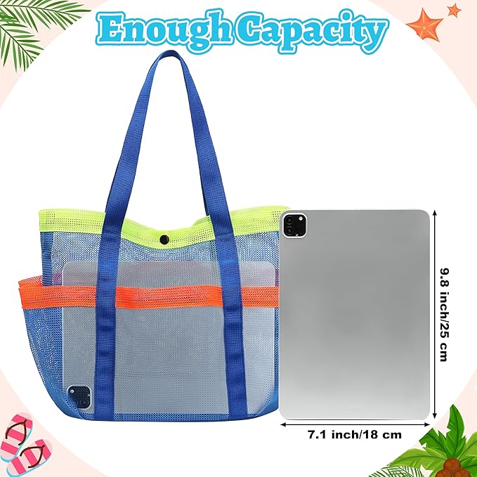 Mesh Beach Bag, Foldable Waterproof Sandproof Beach Storage Tote with 6 Pockets, Swim Tropical Vacation Pool Essential