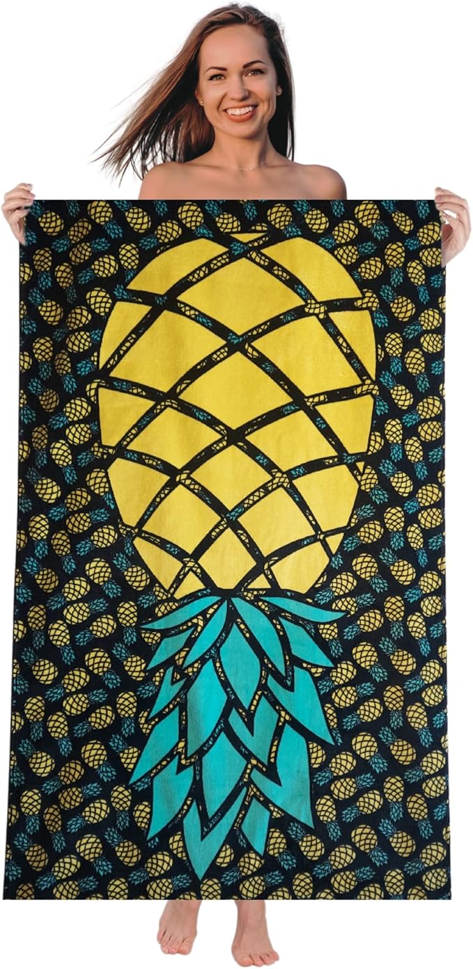 Pineapple Beach Towel 30”x60” – 100% Cotton Velour, Absorbent, Quick-Dry, Easy-Pack for Spring Break, Vacation, Beach, Pool, or Sunbathing – Lightweight, Compact for Travel – Funny Novelty Gift