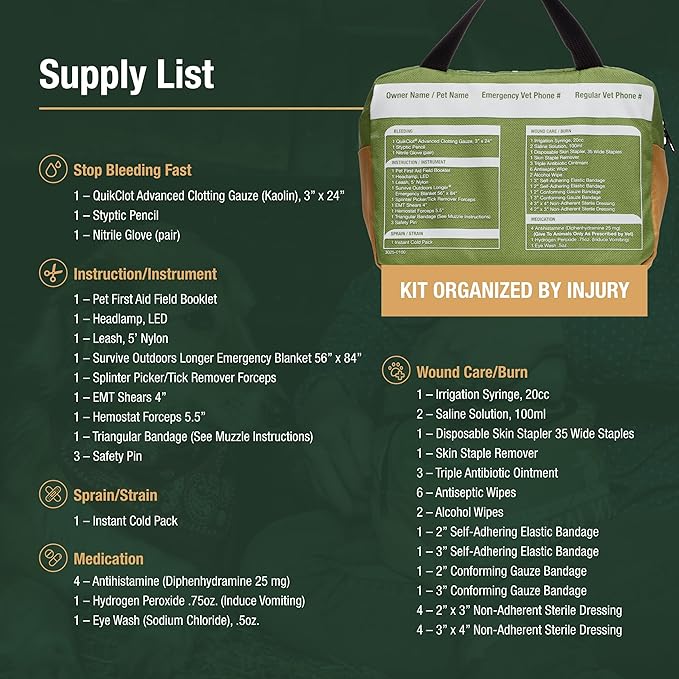 Adventure Medical Kits Workin' Dog Medical Kit with QuikClot - Canine Field First Aid Kit with Headlamp, Bandages, Cold Pack, Leash, Instruction Manual & More - Compact Dog Emergency Kit