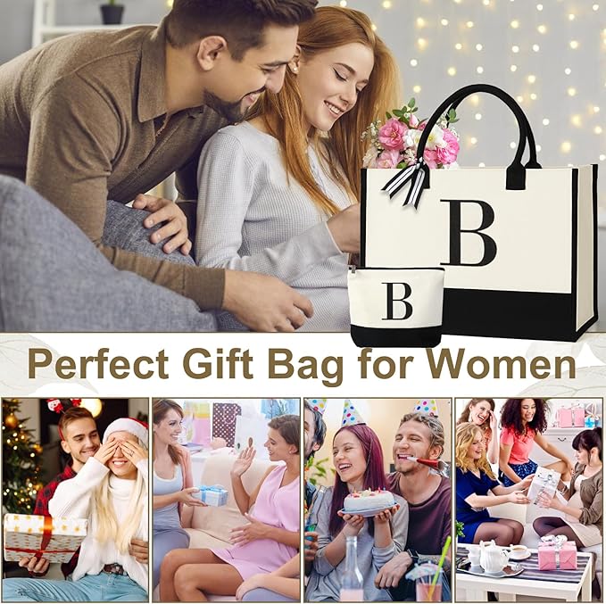 Personalized Canvas Tote Bag for Women Makeup Pouch Initial Beach Bag Removable Bottom Board for Travel Birthday