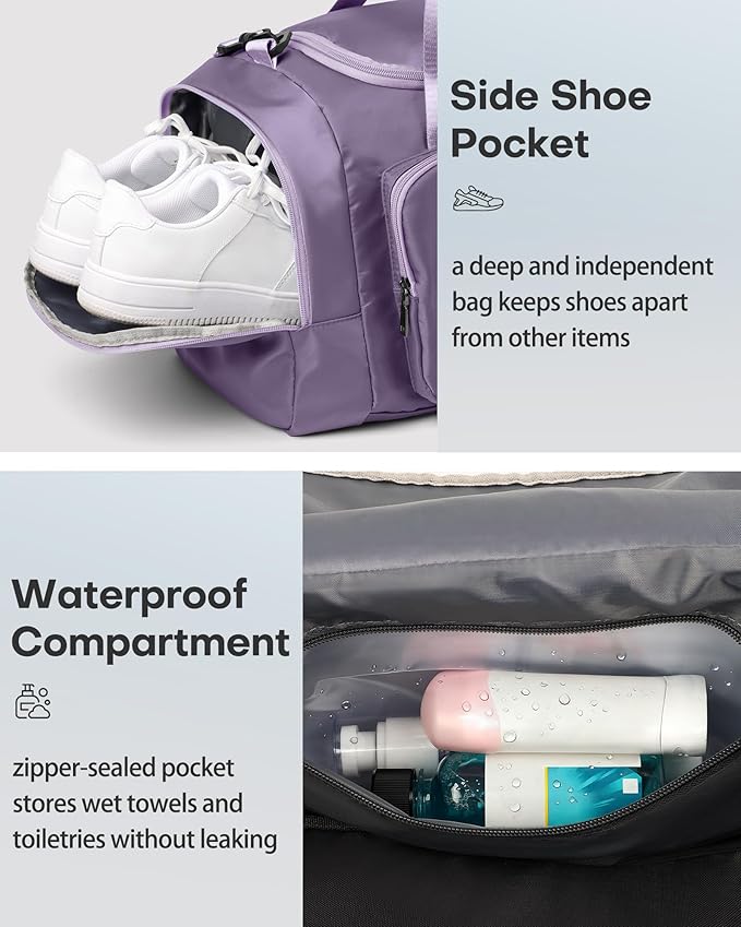 HOTOR Gym Bags for Men & Women - Spacious Duffle Bag with Shoe Compartment & Wet Pocket, Carry On Weekender Bag Portable Sports Duffel Bag for Workout, Fitness, Travel, Purple, 20.5" x 11.0" x 10.6"