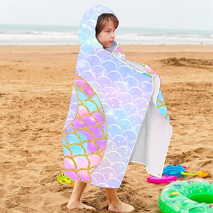 Mermaid Hooded Beach Towel for Girls - Kids Poncho Towel With Tail, Soft Absorbent Bath Towel With Hood, Pink Scales, 30"x50" - Bathrobe for Swim Pool Bath