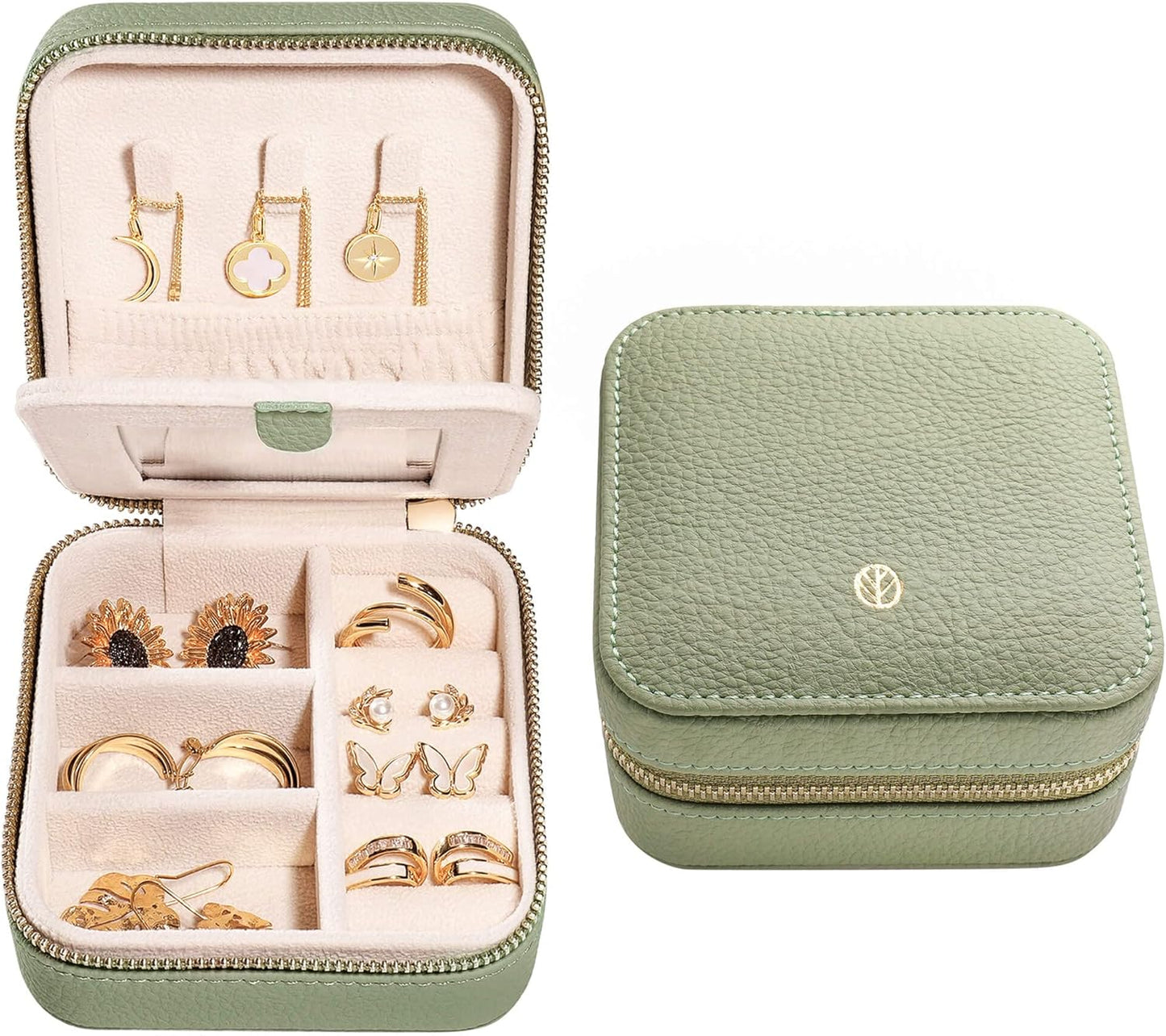 S.Leaf Mini Jewelry Case - Portable Travel Jewelry Box for Women (01 Lychee Sage Green)