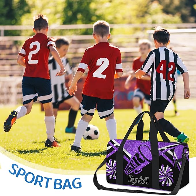 Custom Name Sports Cheer Duffel Bag for Teens, Personalized Gym Travel Weekender Tote Carry-On Bag, Purple Black Glitters Cheerleading