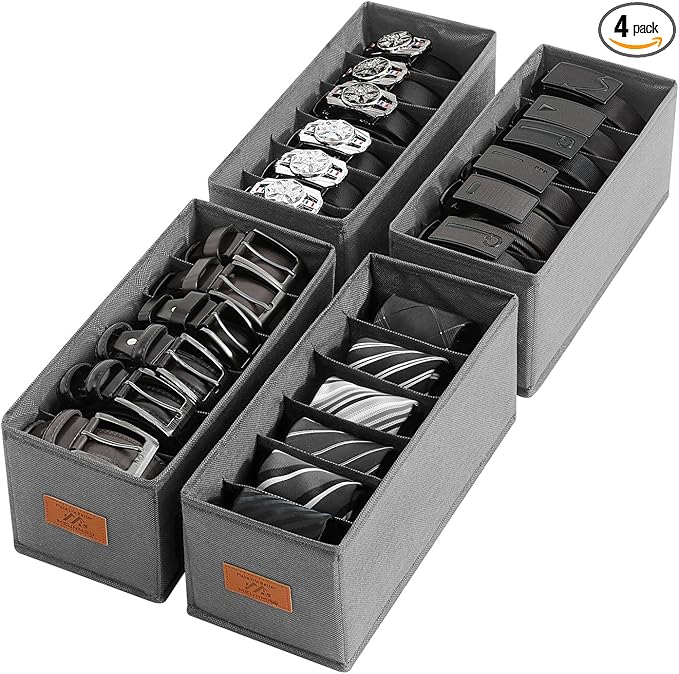 4 PCS Belt Organizer for Closet, 6 Grids Belt Holder, Washable Belt Box, Foldable Tie Organizer for Men, Belt Storage for Drawer (Grey, 13.38inch)