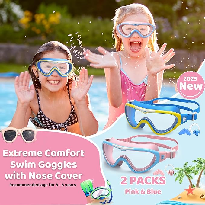 Kids Swim Goggles for Kids 6-14, Anti-Fog & UV400 Lens, Comfortable Silicone Design, Includes Nose Clip & Earplugs