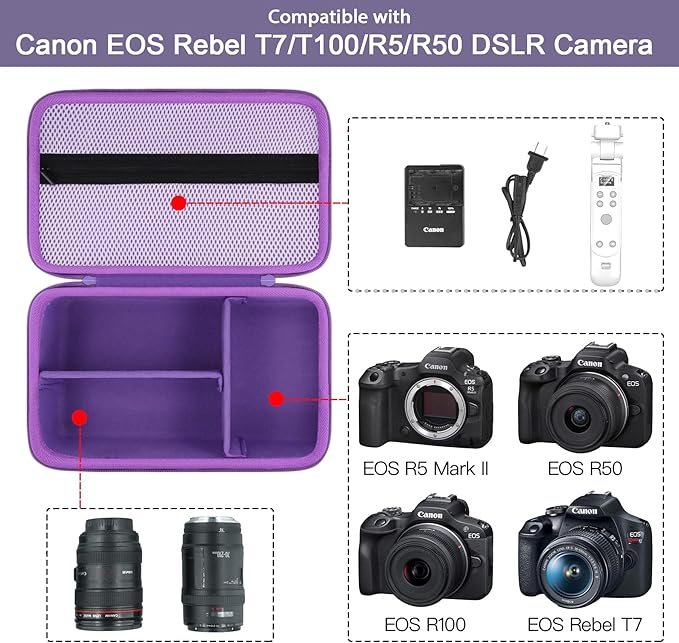 Camera Case Compatible with Canon EOS Rebel T7 / T100 / R50 / R100 / R5 / R6 Mark II / 90D DSLR Camera with 18-55mm Lens,Sony,Nikon DSLR Camera Protective Case with Shoulder Strap (Purple Case)