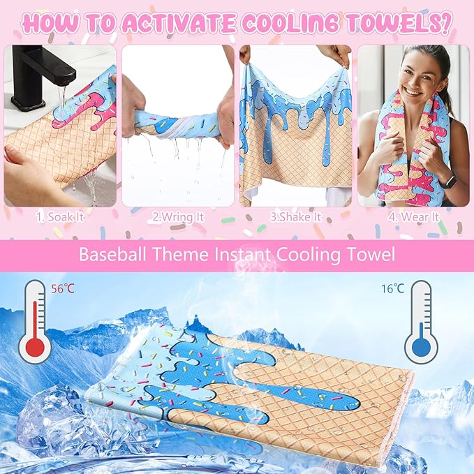 24 Pcs Sport Gifts, Includes 12 Pcs Cooling Towels 40"x12" Workout Towels, 12 Portable Fan Mini Handheld Fan for Team Gift Sport Party Favors, Battery Not Include (Baseball Ice Cream,Colorful)