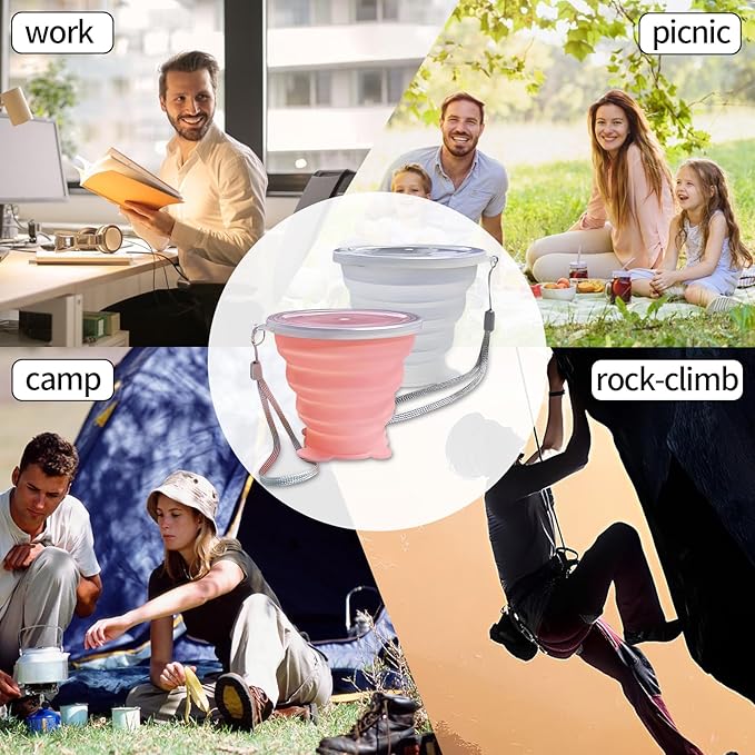 Collapsible Cups, Silicone Collapsible Travel Cup-Expandable Folding Camping Drinking Cup with Lids Reusable Small Portable Mugs-Cups for Travel, Camping, Hiking, Outdoor Sports Pink White