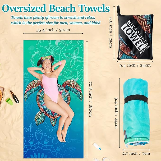 Turtle Oversized Beach Towel - Blue Turtle Double-sided Thin Microfibe Lightweight Pool Towel 71"x35", Quick Dry Towel Sand Free Blanket for Bath Sport Travel Beach Swimming Camping for Girl Women