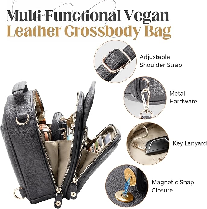 Vegan Leather Crossbody Bag for Women with 2 Straps, Small Messenger Bag with Anti Theft Zipper Pocket Vintage Shoulder Bag