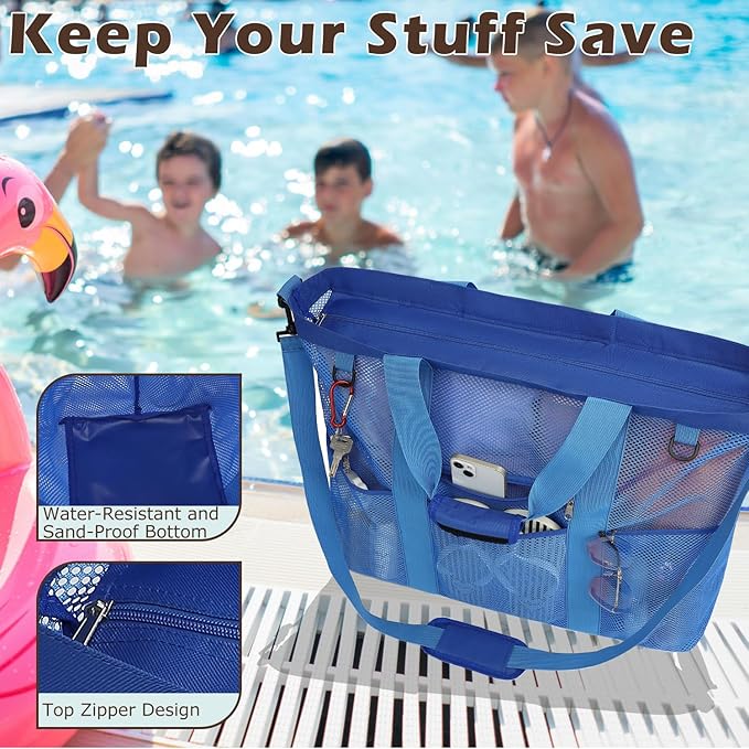 Mesh Beach Bag with Zipper, Large Beach Tote for Women, Toys Pool Swim Bag Travel Vacation Cruise Essentials