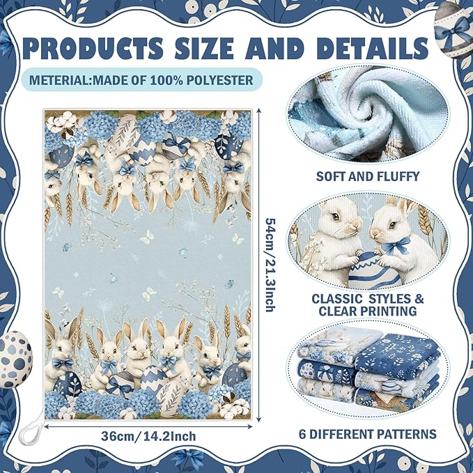 Breling Set of 6 Easter Decorations Easter Kitchen Towels Blue Rabbits Bunny Dish Towel Bathroom Decorative Spring Farmhouse Wild Flowers Hand Cloths for Home Decorations, 14 x 21 Inch