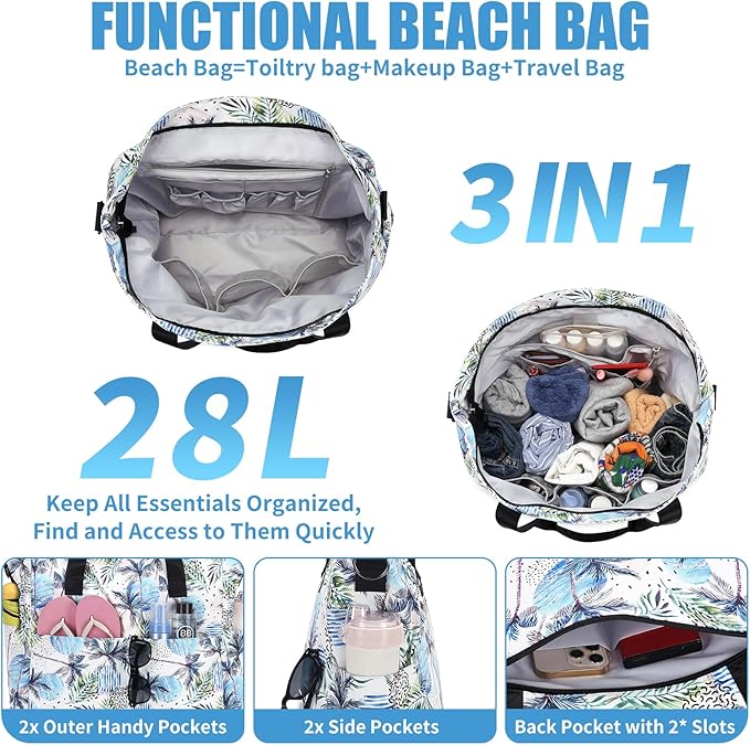 Beach Bags for Women, Large Waterproof Sandproof Swim Pool Bag with Dry Wet Seperated Pocket Utility Tote Bag