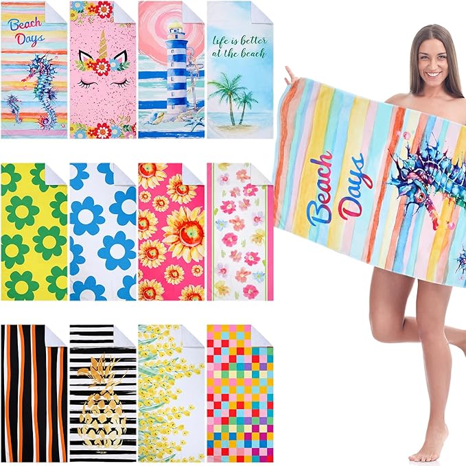 Newwiee 12 Pieces Microfiber Beach Towel Set Quick Dry 59 x 27.5 Inch Lightweight Bulk Colorful Soft Absorbent Pool Towel for Adults Travel Beach Swimming Supplies (Lighthouse)