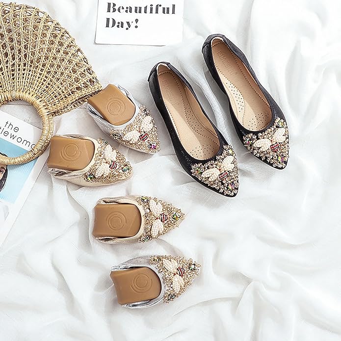 Women Ballet Flats Sparkly Rhinestone Wedding Ballerina Shoes Pointed Toe Foldable Comfort Slip on Flat Dress Shoes