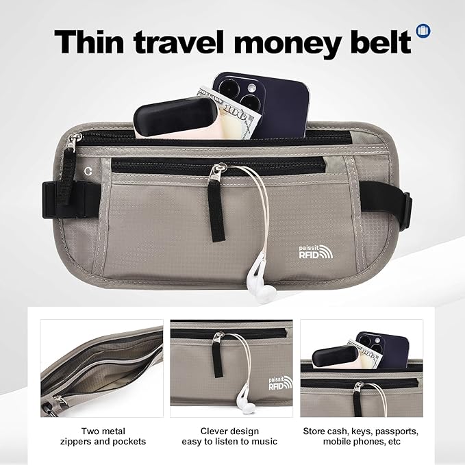 Unisex Money Belt with RFID Blocking Sleeves, Slim Passport Holder RFID Blocking Travel Essentials, Waist Pouch to Protect Cash, Light Grey & 6 Sleeves