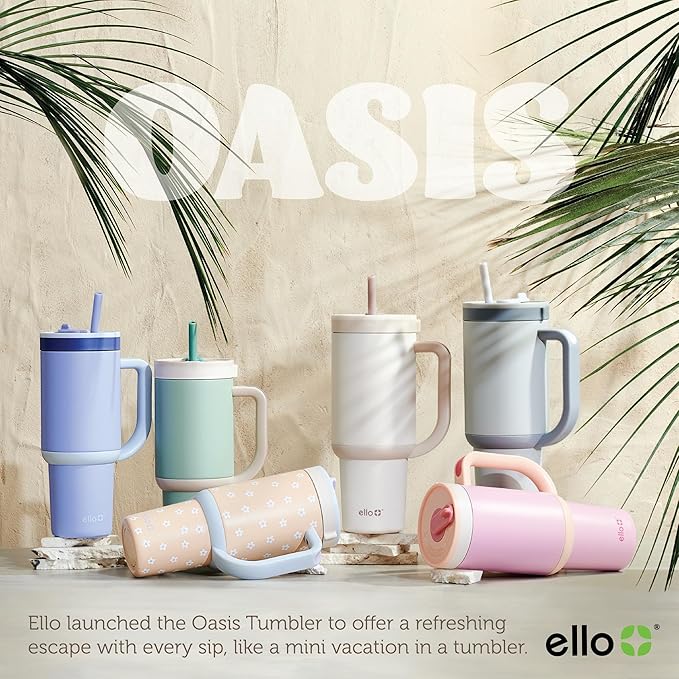 Ello Oasis 30 oz Tumbler with Handle & Retracting Straw | Reusable Insulated Stainless Steel Cup 100% Leakproof, Gifts for Teens Women Men | Keeps cold for 24 Hours, Cup Holder Friendly, Sweet Alyssum