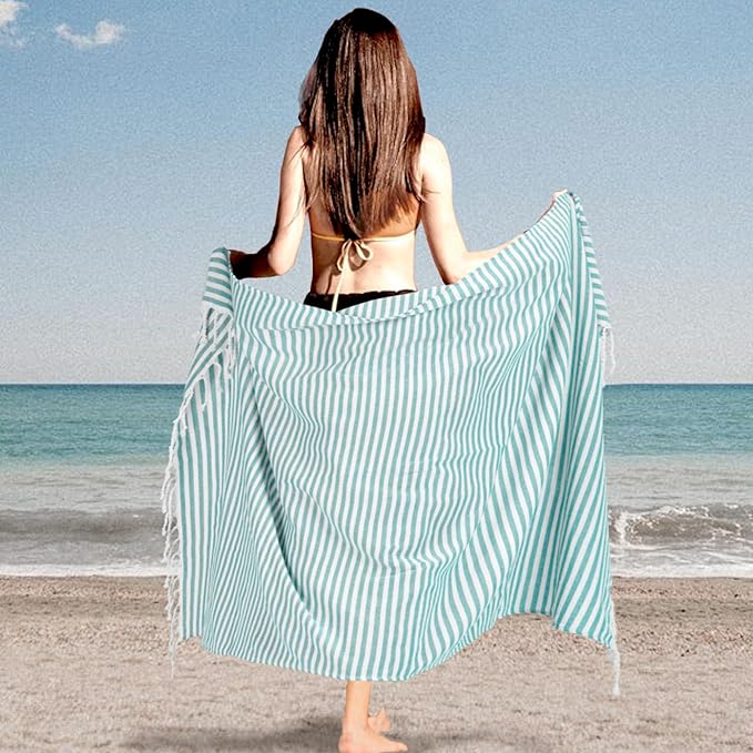 Turkish Striped Beach Towels Bulk Oversized 39"x71" Large Bath and Pool Set Quick Dry Lightweight Travel Towel for Adult,100% Cotton TEBT-18-1skyblue