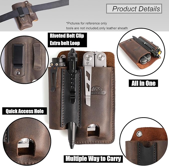 Topstache Leather Multitool Sheath with Belt Clip - Multitool Holster for Belt - EDC Belt Organizer Fits, Flashlight, Pen - Leather Pouch - Holder, Dark Brown