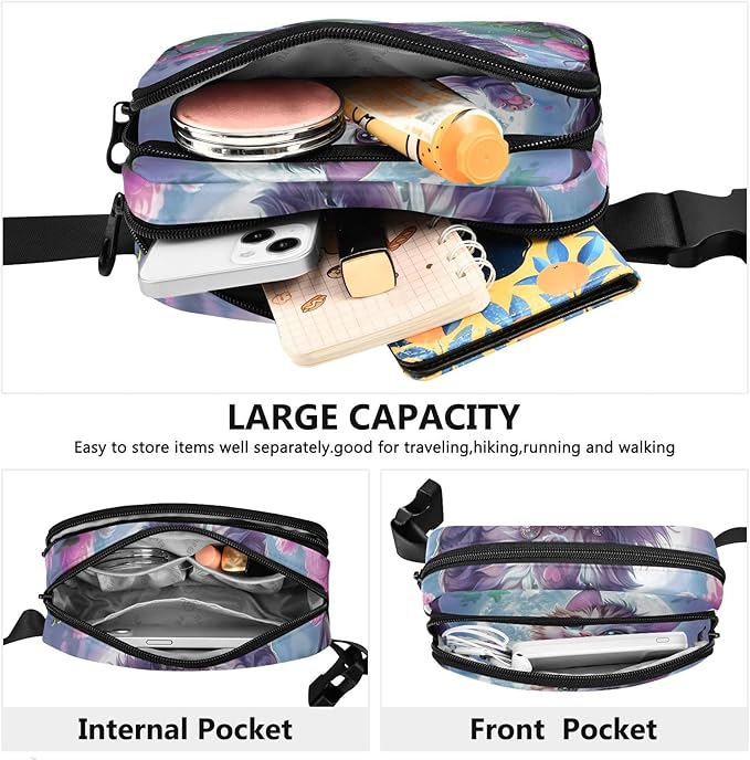 Cute Cat Flower Moonlight Fanny Pack for Women Men Water Resistant Fashion Waist Packs with Adjustable Strap Belt Bag for Travel Workout Jogging Hiking 21220557