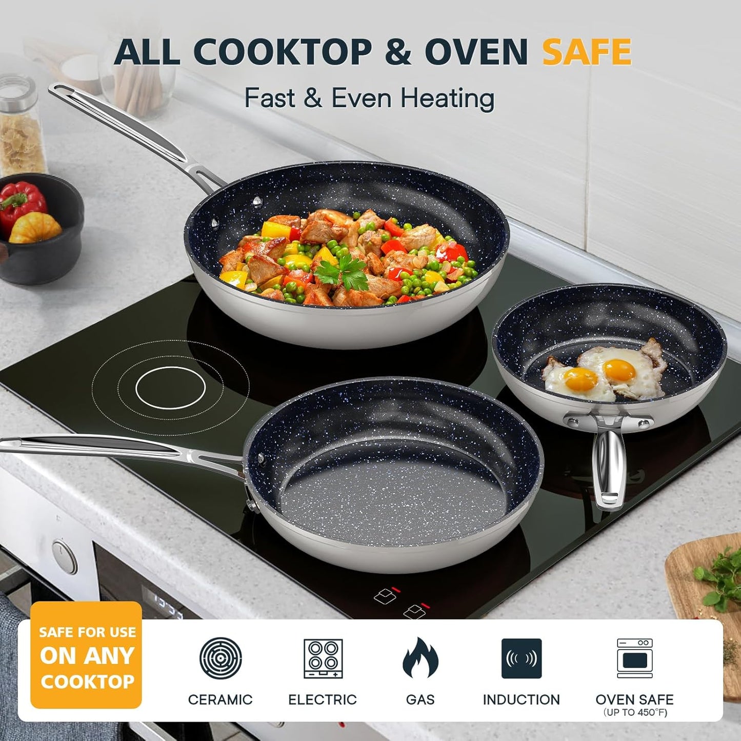 Nuwave 3-Piece 8”, 10”, 12” Forged Lightweight Frying Pan Set, G10 Healthy Duralon Blue Ceramic Ultra Non-Stick, Ergonomic Stay-Cool Handles, Induction-Ready & Works on All Cooktops